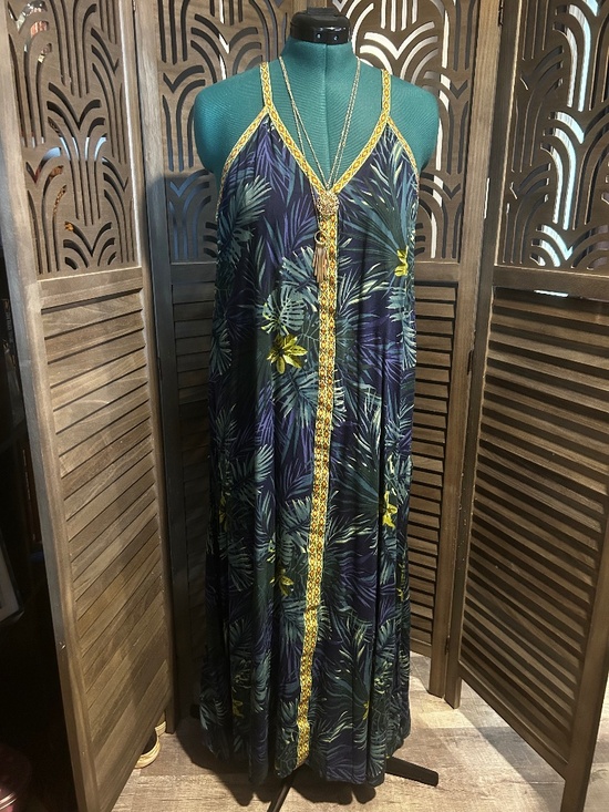 America and Beyond Dresses & Skirts - America & Beyond Tropical Maxi Dress Embroidered Trim Boho Festival